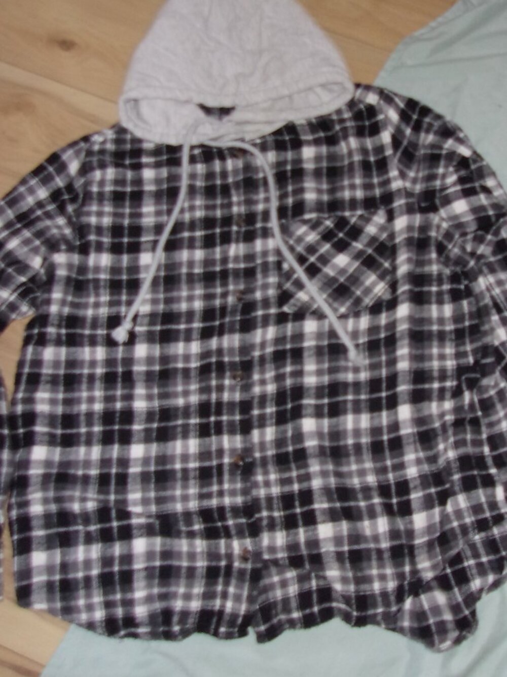 size large womens shirt flannel hoodie black white button gorpcore
